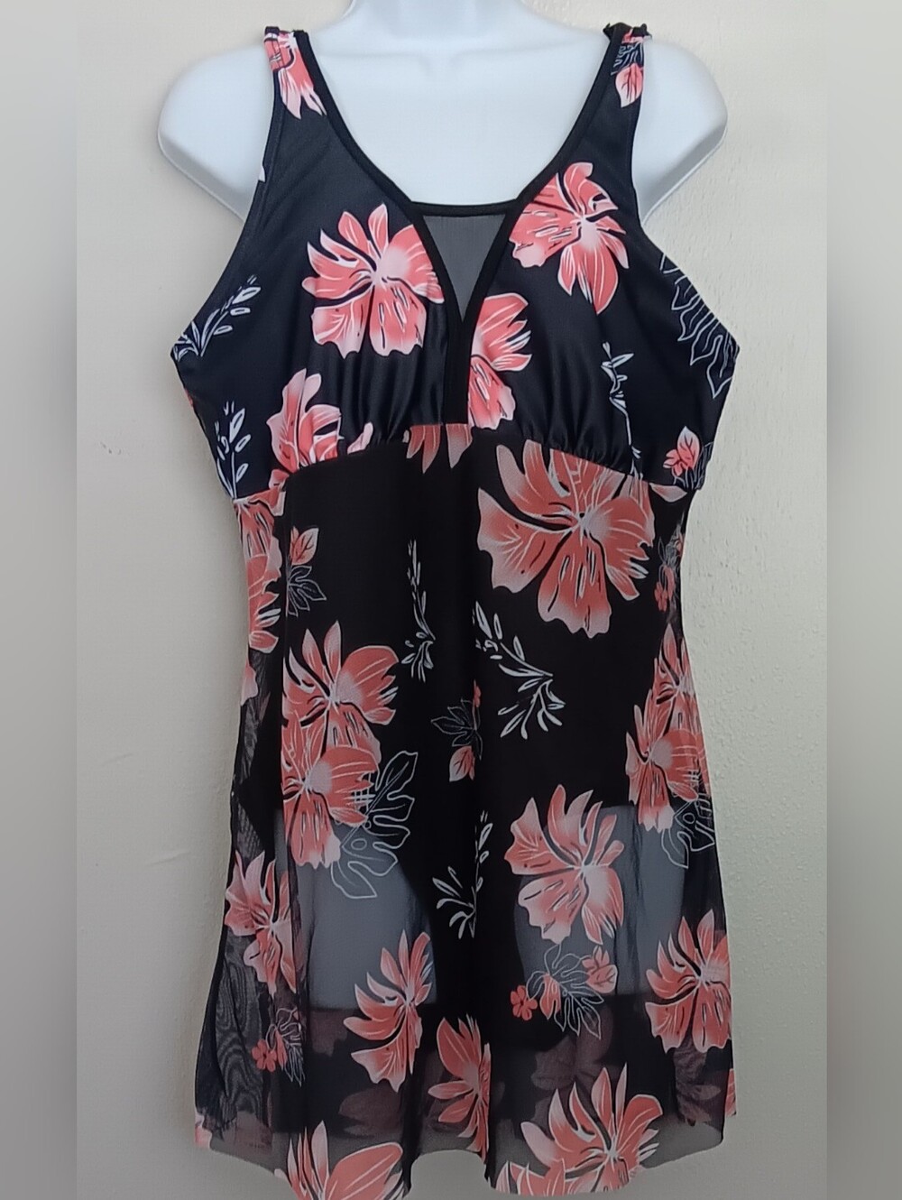 Women's One Piece Black & Coral Floral Tropical Swim Dress Mesh Skirt Sz XXL